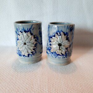 Set of 2 Small Hand Thrown Pottery Cups or Vases, Blue with Dahlia Design
